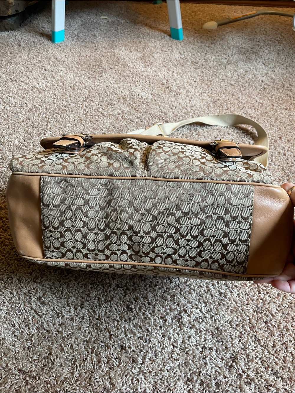 Coach Canvas Messenger Bag in Khaki and Tan with Stripe Detail - Picture 4 of 13